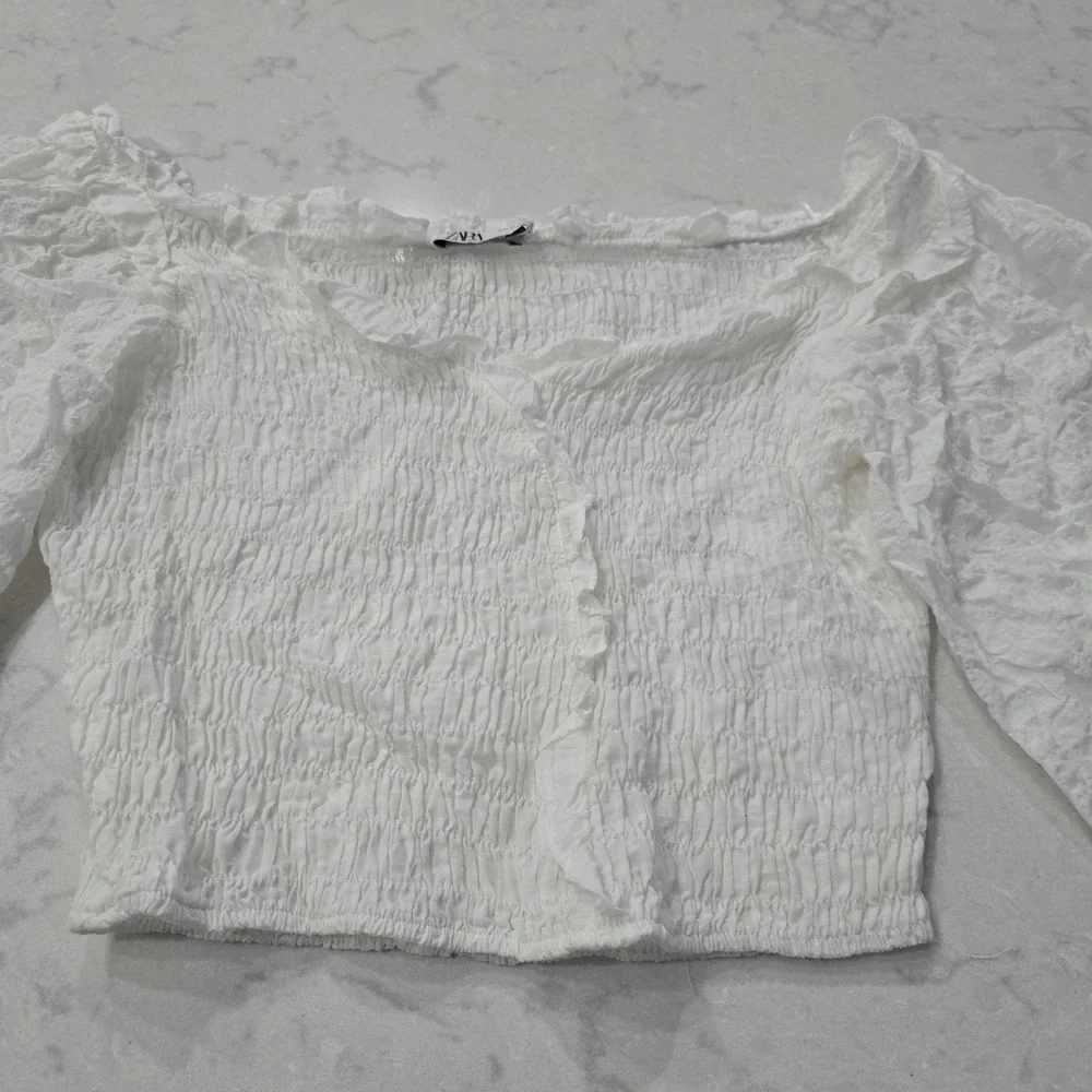 ZARA White Smocked Crop Top Long Balloon Sleeve Ruffle Neck Seersucker XS